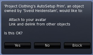 The first menu asks if the script can attach objects to your avatar and link/unlink objects.